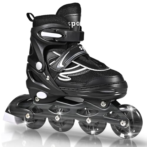 LIRENGUI Réglables Patins à roulettes en Ligne pour garçons et Filles, Noir Blanc Patins à roulettes à 4 Roues pour Adolescents et Adultes avec Roues Lumineuses...