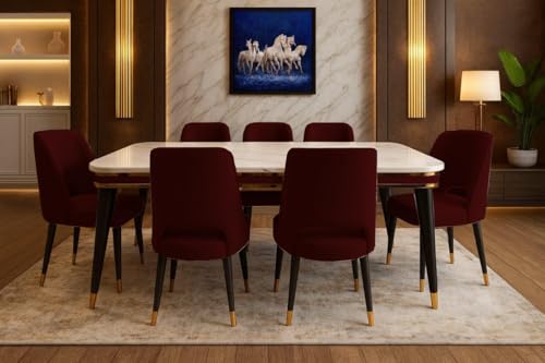 Image of WOODEN SPACE 6-Seater Wooden Dining Table Set | Nano Composite Marble Top | Solid Wood Base | Modern Dining Room Furniture with 6 Chairs (Maroon Vintage)