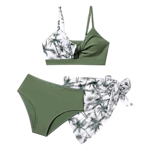 Girls Swimsuit Bathing Suits Twist Cross Tropical Floral Bikini Sets Teen Girls' Swimwear 3Pcs with Cover Up 7-14T