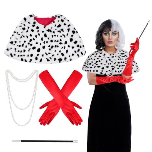 baotongle Costume da Dalmata, da donna, per Halloween, anni '20, guanto, in finta pelle, con perle, colore nero, bianco, crudele, sciarpa dalmata, stola per adulti per cosplay, Nero/rosso, Taglia