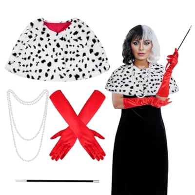 baotongle Disfraz de dalmatin para mujer, disfraz de Halloween de los años 20, guante rojo, perlas de imitación, collar negro y blanco, bufanda dalmatina, estola para adultos para cosplay, blanco / | Ya disponible en tu tienda friki favorita! En mundofriki.es!