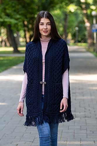 Image of SAOL 100% Merino Wool Shawl /Poncho Sweater /Open Cardigan /Wool Cape with Pockets with Fringe Trim and Trinity Knot Button
