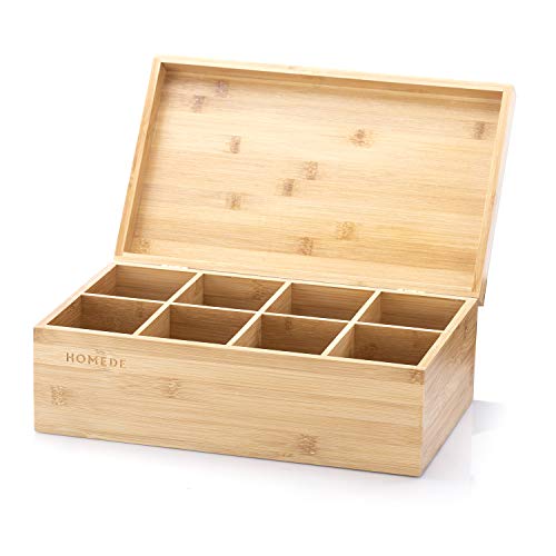 Homede Teebox aus Bambusholz Organizer Teekasten mit Deckel 8 Fächer Frox braun, 32,5 x 19,5 x 11,5 cm Cover