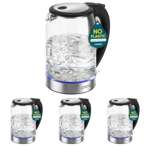 Image of Cosori Electric Kettle, No Plastic Contact With Water, Wide Mouth For Easy Cleaning, Auto Shut Off, 1.7L Tea Kettle & Hot Water Boiler, Water Heater & Teapot, Borosilicate Glass, Black, 1500W