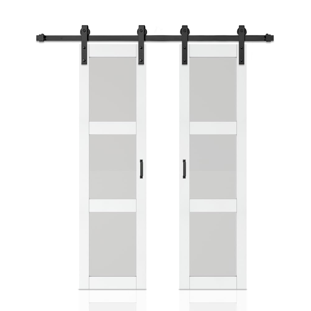 42 in. x 84 in. 3-Lite Tempered Frosted Glass White Finished Composite Double Sliding Barn Door with Hardware Kit Handle