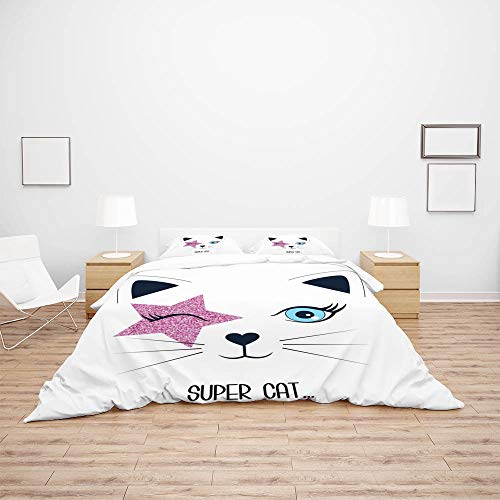 Parure de lit CHEHONG chat 3 pièces housse de couette microfibre polyester lit double