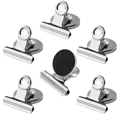 Image of 6 Pcs Silver Magnetic Clips, Strong Heavy Duty Fridge Magnets with Anti-Scratch Pads, 31mm Metal Bulldog Magnet Clips for Whiteboard, Refrigerator, Office, School & Kitchen Organisation