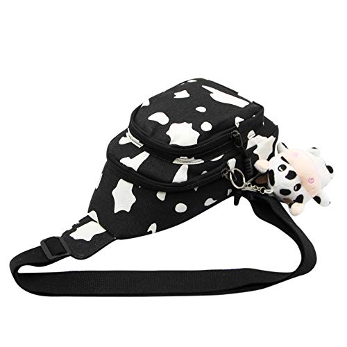 Unisex Canvas Daypack, Cartoon Printed Cows Chest Bag, Small Sling Bag with Hanging Pendant for Women Men, Black4