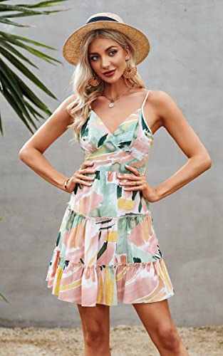 Image of ECOWISH Summer Dresses for Women 2026 V-Neck Spaghetti Strap Bowknot Backless Sleeveless Lace Mini Swing Skater Dress