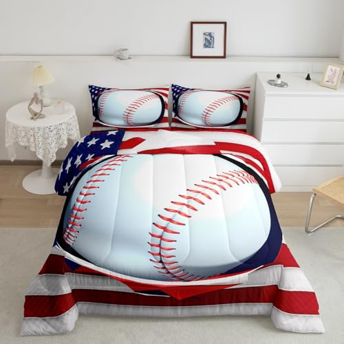 Erosebridal American Flag Bedding Set Full,3D Baseball United States Flag Comforter Set for Boys Teens,Red White Retro Softball USA National Flag Quilted Duvet Ball Sports Game Duvet Filler,Black