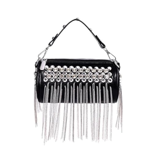 Y2K Purse Bling Cylinder Crossbody Bag with Tassel Purse, Sparkling PU Leather Rivets Handbag Y2K Cool Street Style Chain Handbag