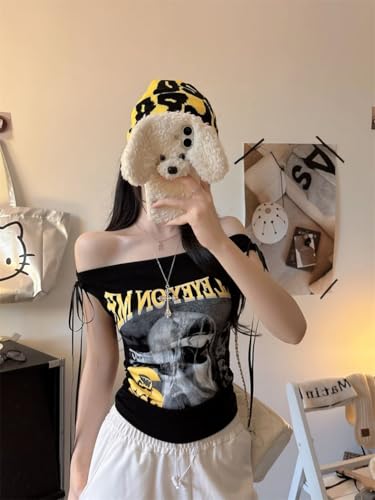 Image of ICW Women's Graphic Print Ruched Side-Tie with Bra Pads Off-Shoulder Vintage Streetwear Sleeveless Cami Crop Top Dn5152