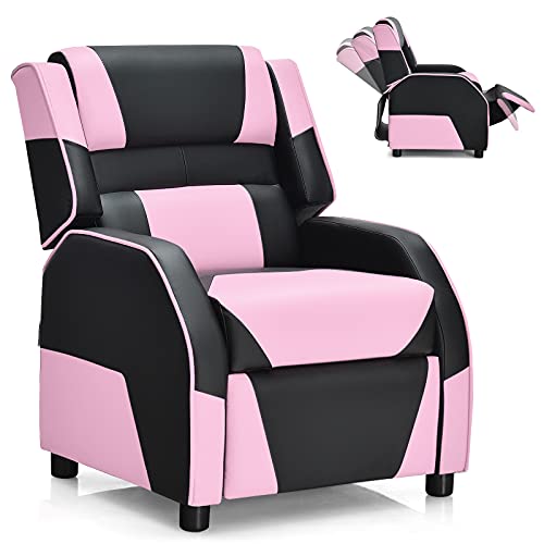 Giantex Kids Recliner, Gaming Recliner Chair with Footrest, Headrest & Lumbar Support, Ergonomic Leather Lounge Chair Toddler Furniture, Adjustable Racing Style Recliner Sofa for Boys Girls, Pink