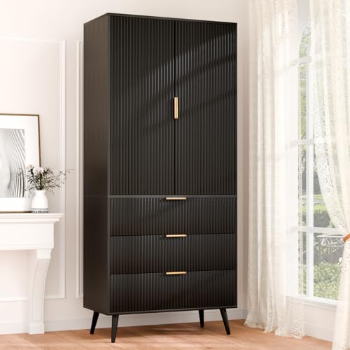 Image of Fluted Tall Cabinet, Kitchen Pantry Cabinet with Adjustable Shelves, Wood Cupboard with 3 Drawers 2 Doors, Mid Century Modern Cabinet for Living Room Dining Room Entryway Office, Black