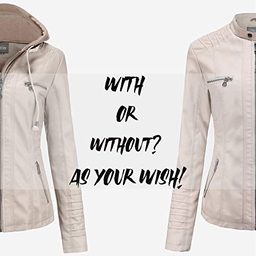 Tagoo Faux Leather Jacket Women Motorcycle Coat For Biker With Removable Hood Plus Size Off-White #TOP5