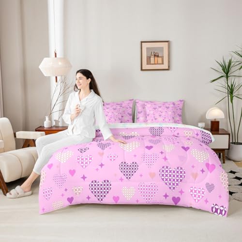 Image of Erosebridal Love and Heart 7 Pcs Bedding Set Cute Heart Pattern Queen Comforter Set for Girls Kids Purple Valentine Bed in A Bag with Flat and Fitted Sheet Love Geometric Bed Set