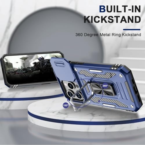 Image of Polycarbonate Back Cover Case Compatible for Apple iPhone 15 Pro with Slide Camera Cover & Rotated Ring Kickstand | Military Grade Mobile Phone Cover Case for Apple iPhone 15 Pro (Blue)