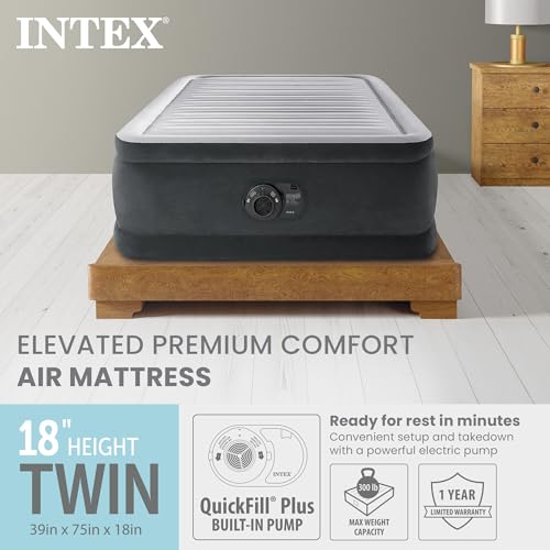 image for Intex Twin Size Air Mattress, 18in Height, Built-in Pump, Dura-Beam De