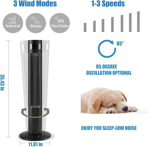 Image of Antarctic Star Tower Fan 85Oscillating Fan Quiet Cooling 12H Timer Remote Control Bladeless Electric 3 Speeds Wind 3 Modes, 35INCH, BLACK