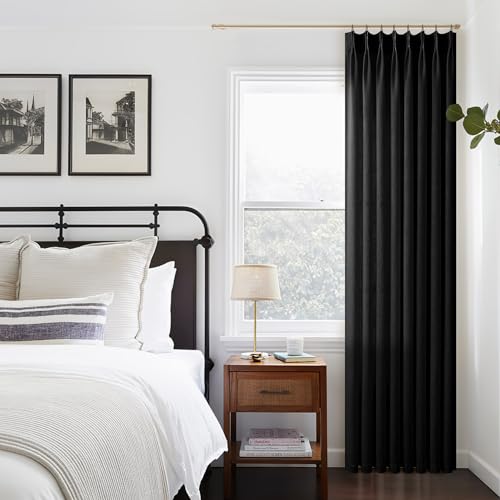 Image of Black Linen Semi Sheer Curtains 96 Inches Long for Living Room Pleated | Bedroom, Light Filtering, Textured, Burlap, Pinch Pleated, Hooks Rings, Back Tab, for Sliding Glass Door, 1 Panel, 96 Length
