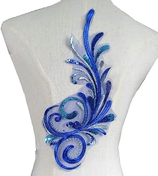 2 pcs Luxury Sequins Beaded Blue Phoenix Peacock Tail Feather Lace DIY Sewing Pacth Applique