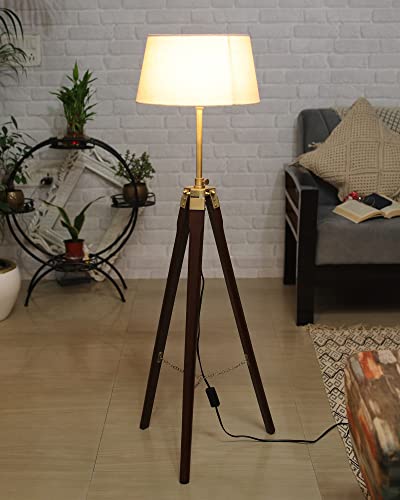 Image of Homesake Tripod Floor Lamp with Shade Wooden, Brass Finish Industrial Nautical Marine Decorative Lamp (Beige)