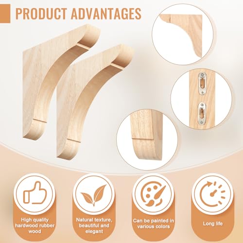 Image of Vercraft 2 Pcs Wood Corbels Wooden Shelf Brackets, Unfinished Paintable Bracket with Hanging Hook for Doorway Countertop Kitchen Cabinet Book Shelves, Rubber Wood (10 x 10 x 1.75 Inches)