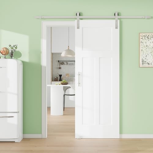 Image of 36 inch x 80 inch Presembled 3-Raised Molded Panel Barn Door with 72 inch Track Kit, Solid MDF Sliding Barn Door for Closet Kitchen Bedroom Pantry, Excellent Sound & Thermal Insulation, Nickel-Plated Hardware Kit