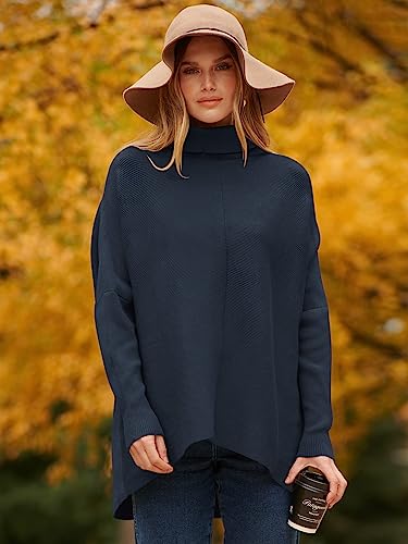 Image of ANRABESS Women's Sweaters Casual Long Sleeve Cowl Neck Solid Color Pullover Knit Sweater Tops A87zanglan-M Navy Blue