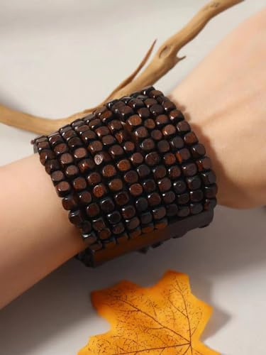 Stretch Wooden Beads Cuff Bracelets Multi Layered Natural Wood Beads Chunky Bangle Wooden Handmade Wide Bracelets Bohemia Jewelry for Women Men3