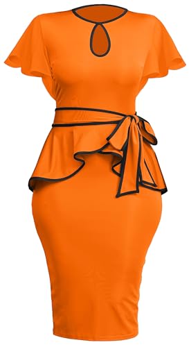 Image of Women's Vintage Bodycon Church Ruffle Sleeve Ruched Dresses Work Midi Pencil Dress