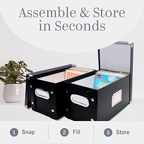 Image of Snap-N-Store Vinyl Record Storage Box - 7 inch /45 RPM - 2 Pack- Crate Holds up to 75 Vinyl Albums - Black | Collapsible crate design, snaps together for easy assembly, stylish record organizer for shelf display