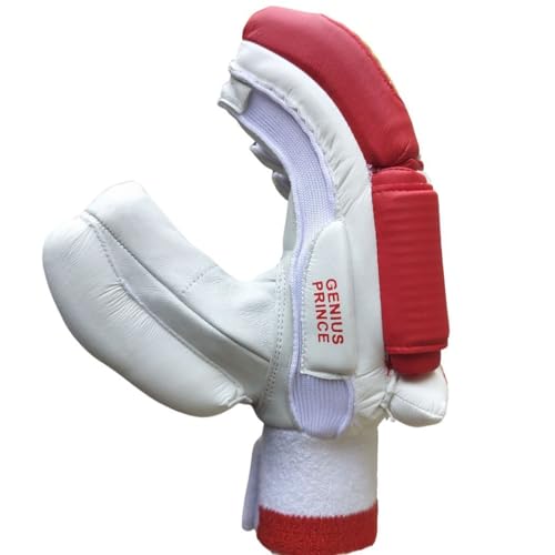 Image of M*R*F Leather Plam Cricket Batting Gloves Geni*us Prince, Shubman Gill Edition White Red Gold, Leather, Professional Protection | Club Play | Tournament | Matches | (White /Red /Gold, Mens RH, Right)