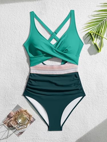 Image of B2prity One Piece Swimsuit for Women Tummy Control V Neck Bathing Suit Color Block High Waisted Cutout Swimwear