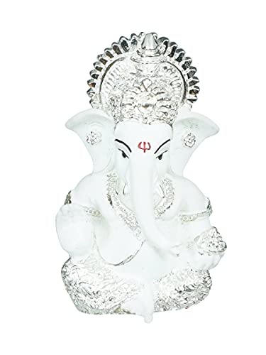 Image of eCraftIndia Silver Plated White Polyresin Lord Ganesha Idol for Home, Temple and Office - Perfect God Idol for Diwali, Ganesh Chaturthi, and Hindu Festivals, Ideal for Gift Giving