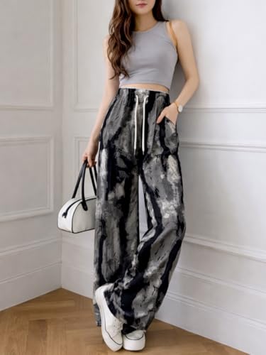 Image of Celary Women's Printed Palazzo Pants - Silk Blend High Waist Wide Leg Trousers | Elastic Waist Relaxed Fit Casual Flowy Pants for Travel, College, Office