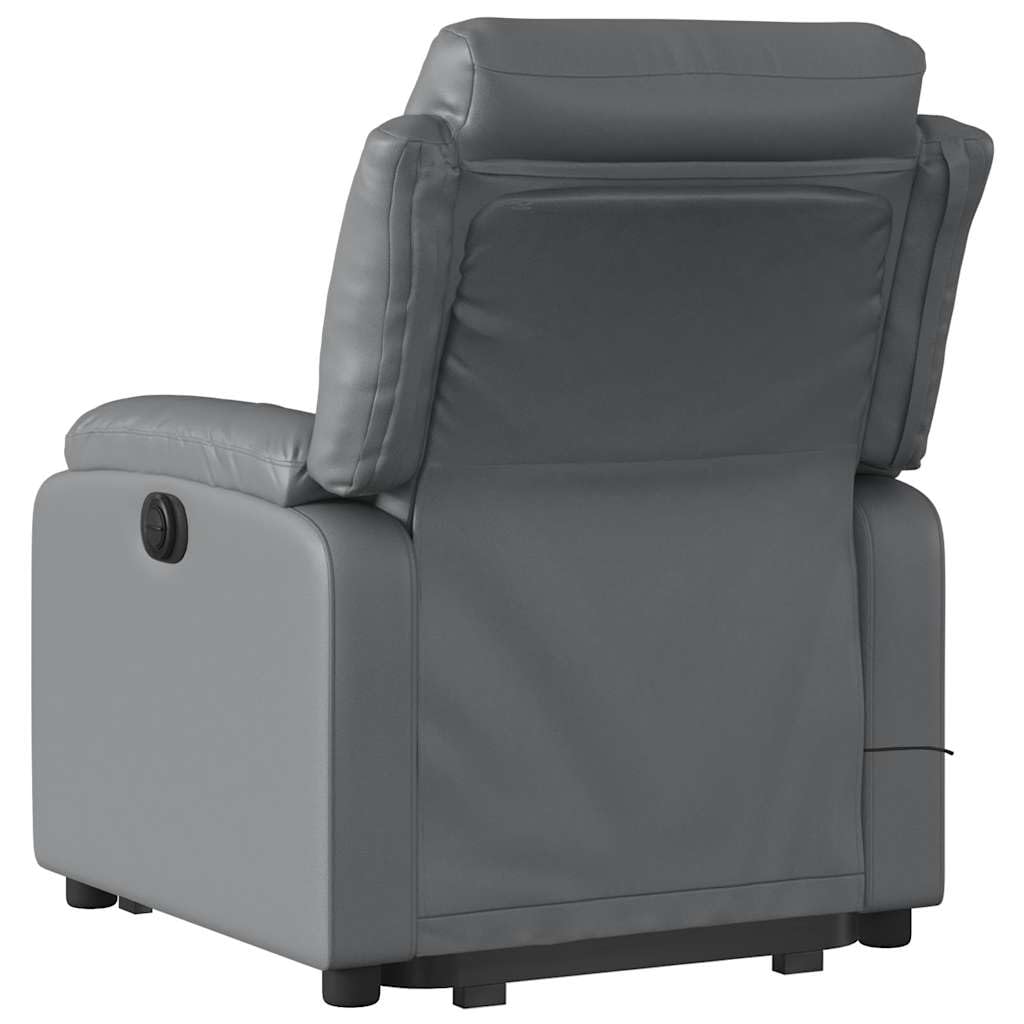 Sillón elevador eléctrico reclinable con masaje por vibración, gris de piel sintética, 6 puntos de masaje, función elevación e inclinación 135°, estructura estable,