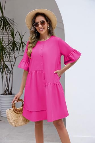 Image of Choichic Button Down Shirt Dresses for Women with Pockets Flare Bell Sleeve A-Line Midi Tunic Dress