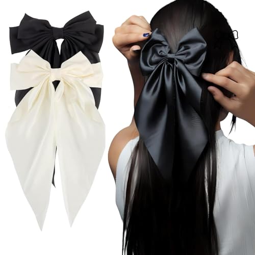 Image of 2 Pack Black and Off White Hair Bows - Bow Clips for Women and Girls - Luxury Silky Satin Barette Hair Clip - Cute Hair Accessories