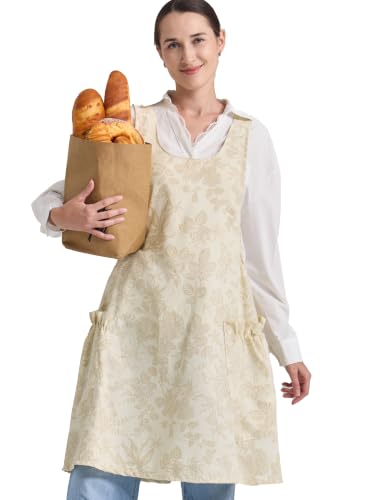 Image of Cozy Adjustable Cross Back Aprons for Women with Pockets Cotton Linen Cooking Kitchen Baking