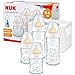 NUK First Choice + Biberon di Vetro Starter Set, 0-6 Mesi, 4 Bottiglie con Controllo della Temperatura e Scatola Porta-Biberon, Valvola Anti-coliche, Senza BPA, Lattice, 5 Pezzi, Bianco