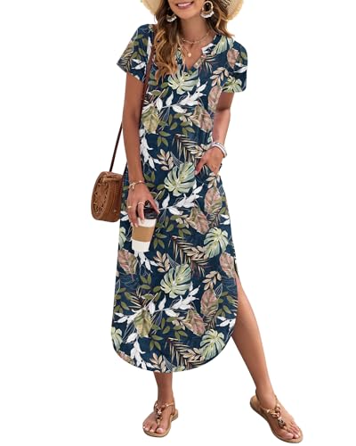 Image of MISFAY Women's Summer Maxi Dress 2026 Casual Short Sleeves V Neck Loose Sundress Split Long Beach T Shirt Dress