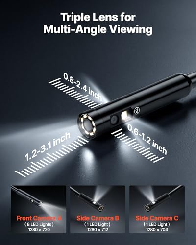 Image of VEVOR Triple Lens Endoscope with 32.8FT Newly Ultra-Rigid Cable, Industrial Borescope with Light, 5 inch HD IPS Screen, 8 + 2 Lights, 8X Zoom, 5000mAh, IP67 Waterproof Snake Camera for Auto, Plumbing
