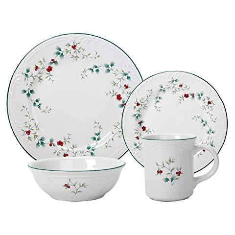 Pfaltzgraff 5072007 Winterberry Holiday 16 Piece Dinnerware Set, Service for 4, White Cover