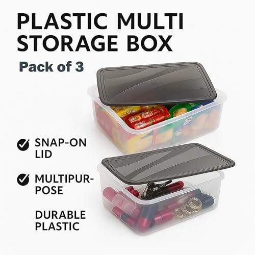 Image of Sulfar Plastic Multi Storage Box Set - Pack of 3, Stackable & Durable Organizer for Home, Office, Kitchen