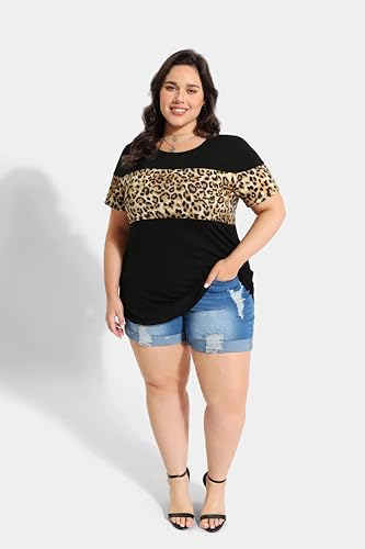 Image of CARCOS Plus Size Tops for Women Short Sleeve Summer Pullover Color Block Crewneck /V Neck Tee Tunic Loose Fit Tshirts XL-5XL