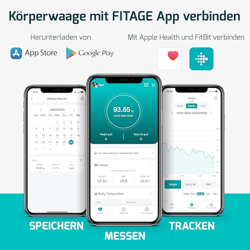 FITAGE Personenwaage digital Testsieger 2025, Körperwaage bis 180kg, Körperfettwaage mit 17 Körpermesswerte, Körperanalyse mit App… – Ansicht 5