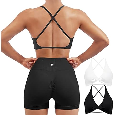 SUUKSESS Women 2 Piece Open Back Strappy Sports Bra Pack Twist Front V Neck Padded Workout Crops Cover