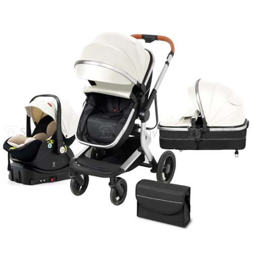 Image of SteAnny Baby Stroller Foldable Toddler Pram Baby Carriage Combo Newborn Basket (White)