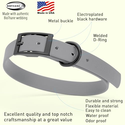 Image of Dogline Biothane Waterproof Dog Collar Strong Coated Nylon Webbing with Black Hardware Odor- Proof for Easy Care Easy to Clean High Performance Fits Small Medium or Large Dogs, Battleship Gray